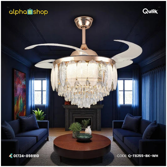 Qulik 48" crystal chandelier retractable invisible blade remote ceiling fan with 3 color change LED in Golden (Q-T8255-BK-WH).