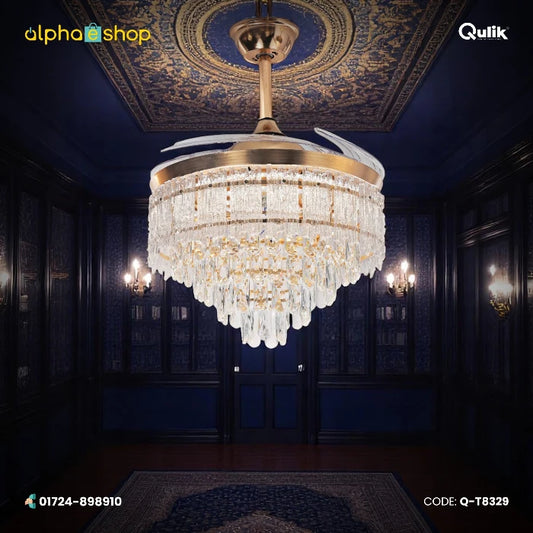 Qulik 48" crystal chandelier retractable invisible blade remote ceiling fan with 3 color change LED in Golden (Q-T8329).