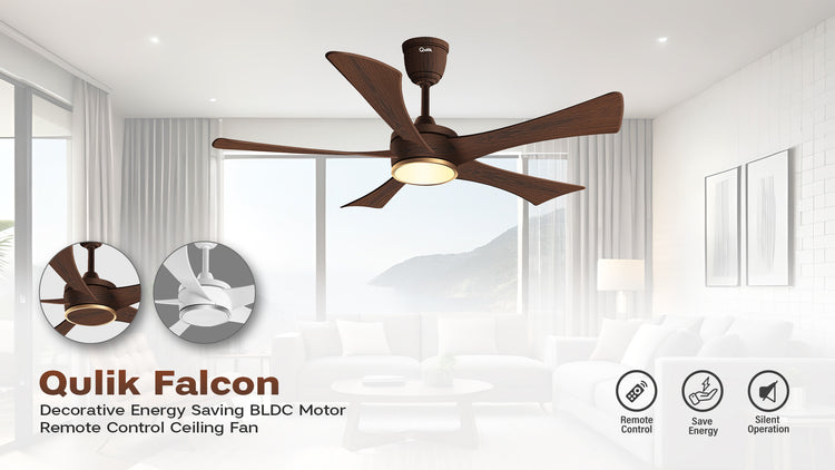 Qulik Falcon 5-blade BLDC ceiling fan mobile banner featuring remote control, silent operation, and color finish options.