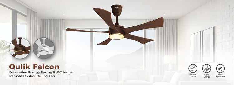 Qulik Falcon 5-blade BLDC motor ceiling fan banner with remote control, silent operation, and built-in LED light features.