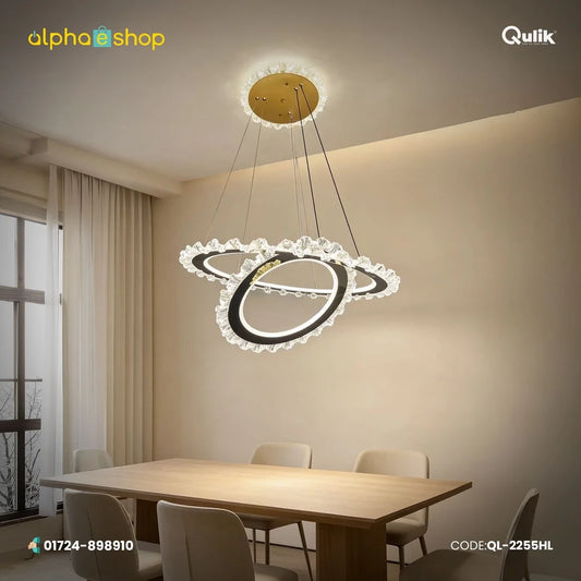 Qulik gold crystal LED hanging light with two intertwined illuminated rings, decorative crystal accents and a gold ceiling canopy, model QL-2255HL.