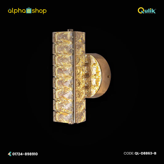 Qulik LED wall sconce with gold finish and faceted crystal elements for decorative indoor lighting, model QL-D8863-B.