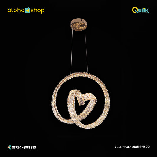 Qulik Heart Loop LED crystal chandelier with interlocking heart-shaped rings, gold finish and suspended pendant design.