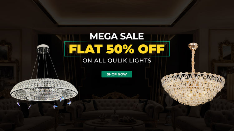 Qulik Lights mega sale banner offering flat 50% off with a Shop Now button, featuring two decorative luxury crystal chandeliers.