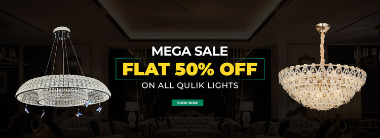 Qulik Lights web promotional banner advertising flat 50% off with a Shop Now button, featuring two luxury decorative crystal chandeliers.
