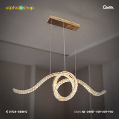 Qulik luxury crystal chandelier in French Gold with sculptural looping LED arms and suspended pendant design.