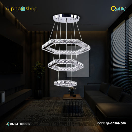 Qulik modern 3-layer fountain crystal LED chandelier with suspended hexagonal rings and chrome finish.