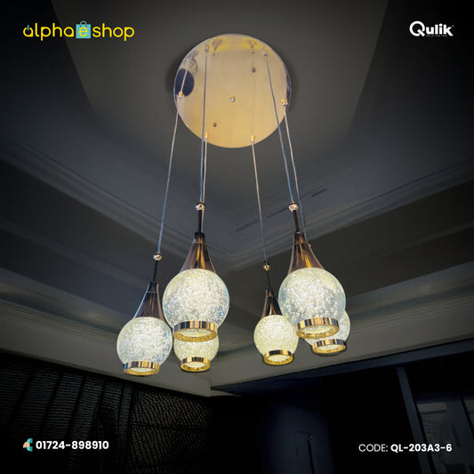 Qulik Aurora Drops hanging light with 6 crystal-style pendant globes, gold accents and 3-color illumination.