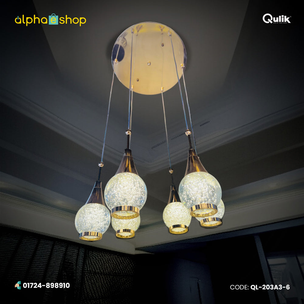 Qulik Aurora Drops hanging light with 6 crystal-style pendant globes, gold accents and 3-color illumination.