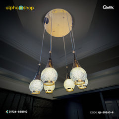 Qulik Aurora Drops hanging light with 6 crystal-style pendant globes, gold accents and 3-color illumination.