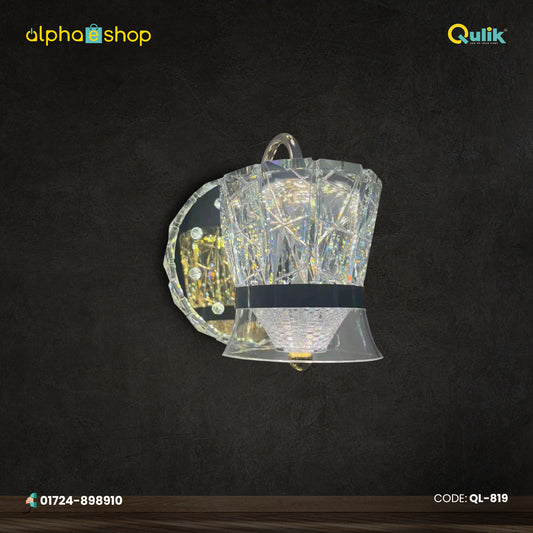 Qulik modern bell-shaped crystal wall light with clear crystal detailing, mirrored wall plate and decorative LED illumination.