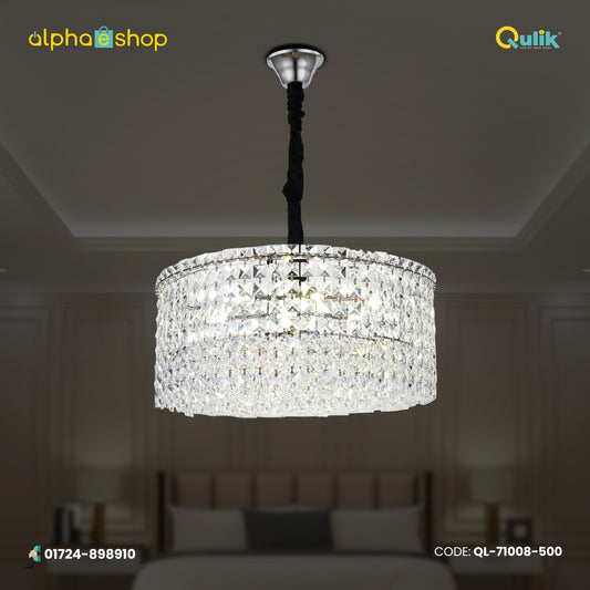 Qulik modern silver crystal chandelier with round drum design, clear crystal detailing and contemporary hanging ceiling style.