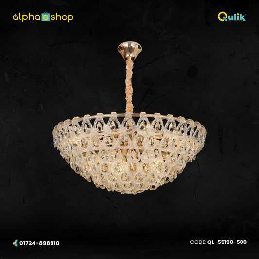 Qulik Modern Crystal Chandelier with clear crystal design, gold finish and 3-color LED hanging light.