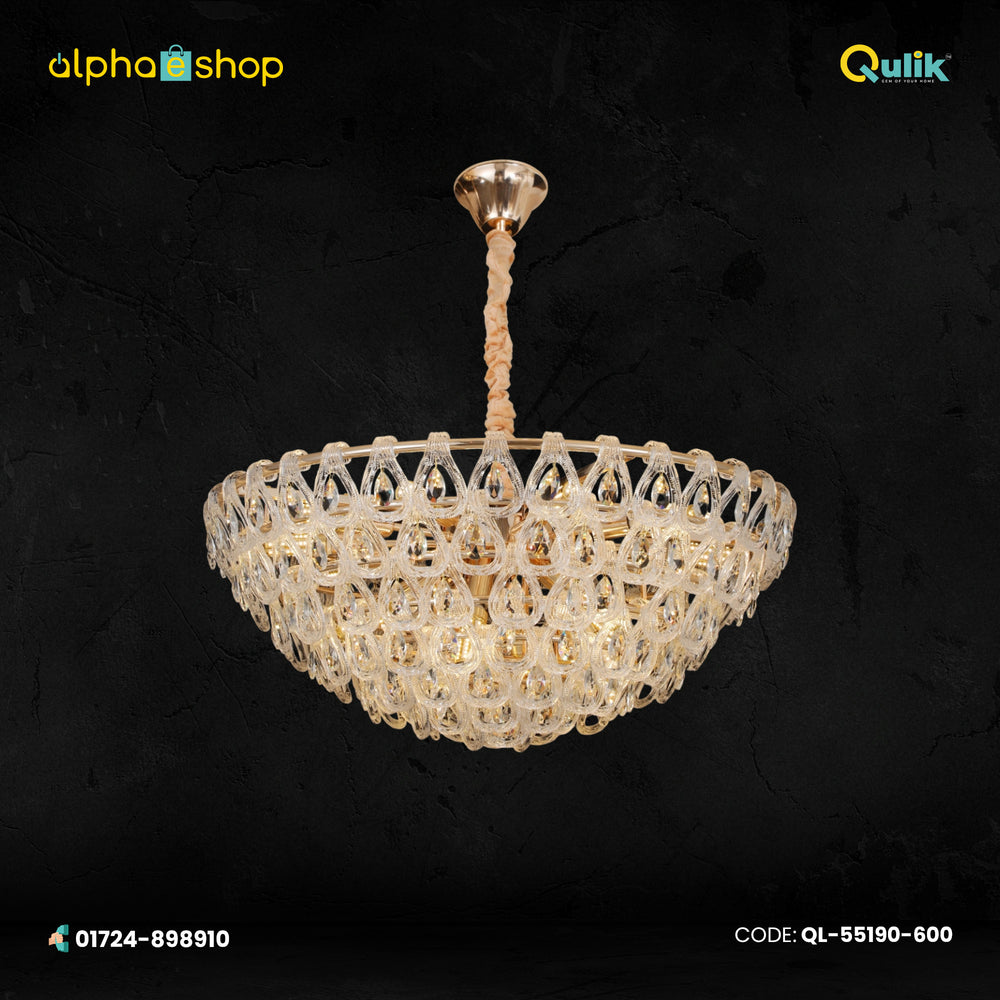 Qulik Modern Crystal Chandelier with six-layer crystal design, gold finish and 3-color LED hanging light.