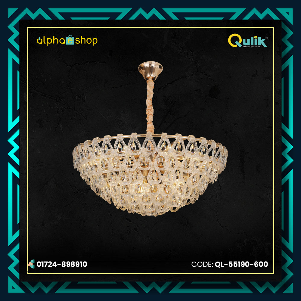 Qulik Modern Crystal Chandelier with six-layer clear crystal design, gold finish and 3-color LED hanging light.