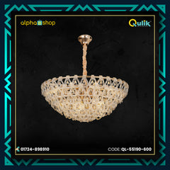 Qulik Modern Crystal Chandelier with six-layer clear crystal design, gold finish and 3-color LED hanging light.