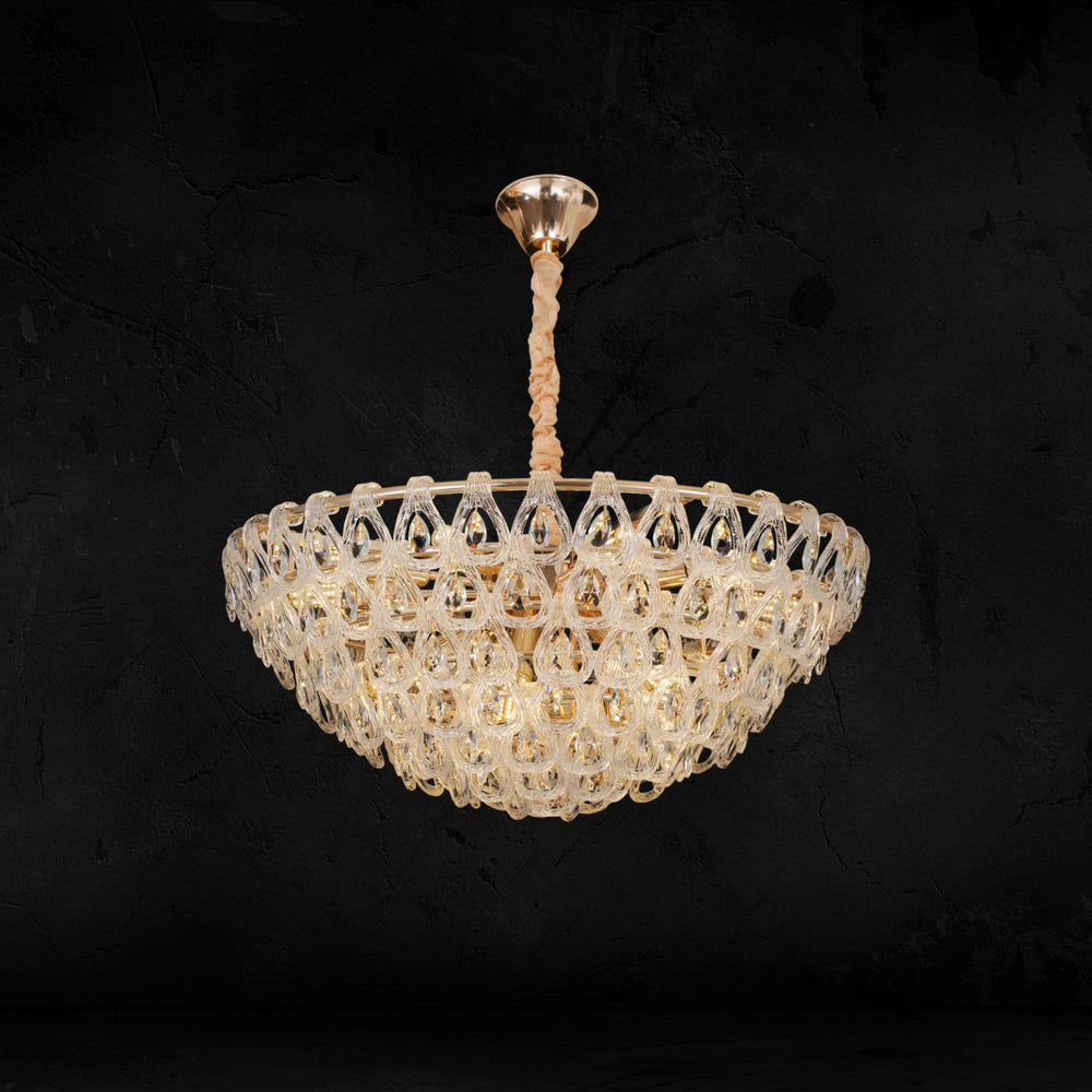 Qulik Modern Crystal Chandelier with six-layer clear crystal design, gold finish and 3-color LED illumination.