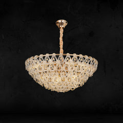 Qulik Modern Crystal Chandelier with six-layer clear crystal design, gold finish and 3-color LED illumination.
