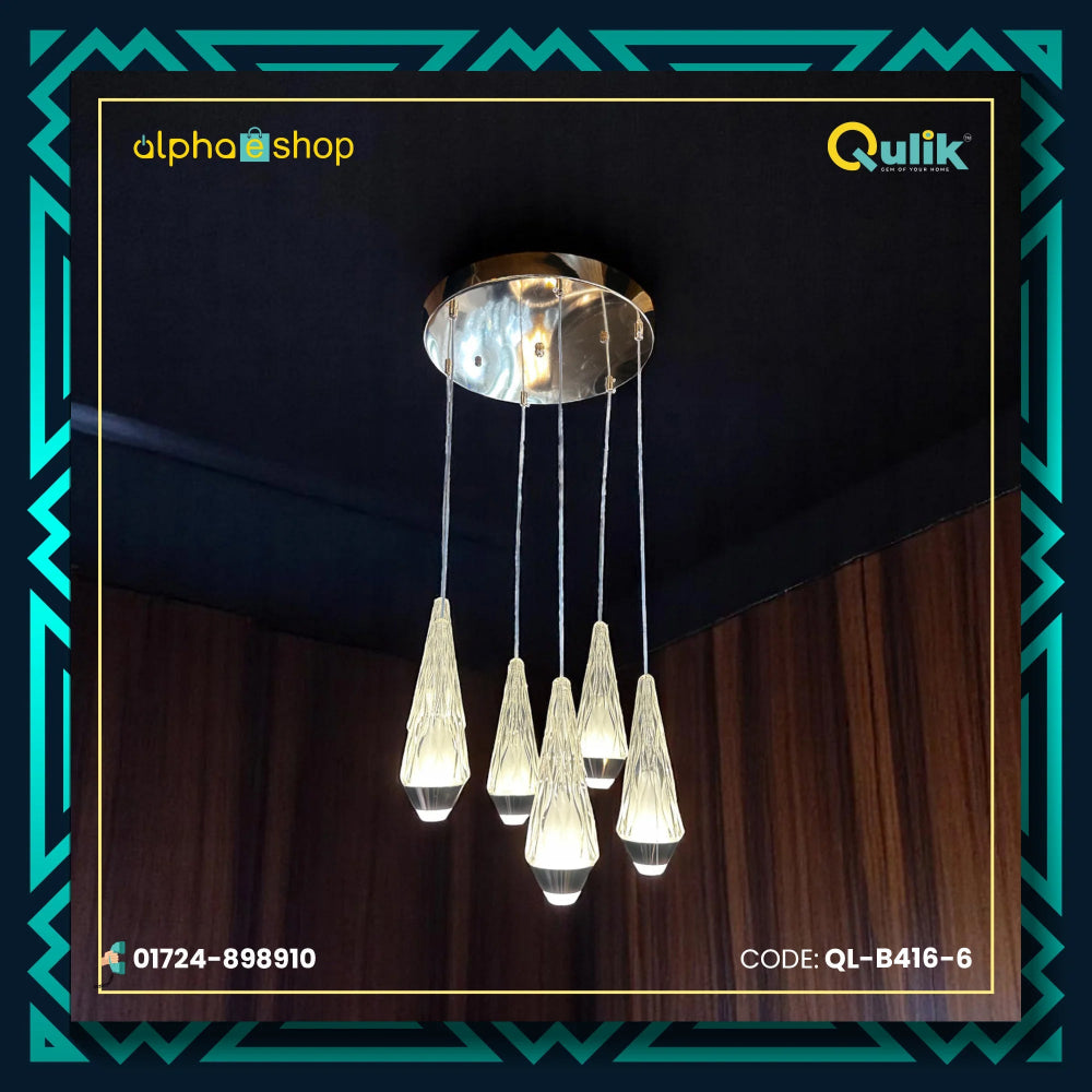Qulik Crystal Rain 6-light hanging light with teardrop crystal pendants and 3 color lighting, model QL-B416-6.
