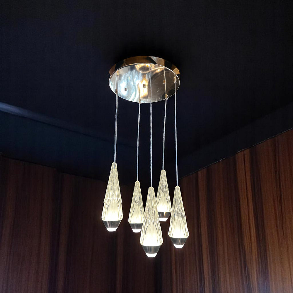 Qulik Modern Crystal Rain 6-light hanging light with illuminated teardrop crystal pendants, model QL-B416-6.