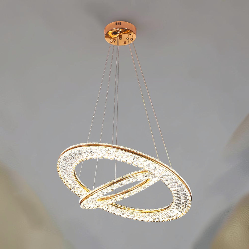 Qulik modern two-ring crystal LED chandelier with French Gold finish and clear crystal prisms, model QL-D8806-400-600-FGD.