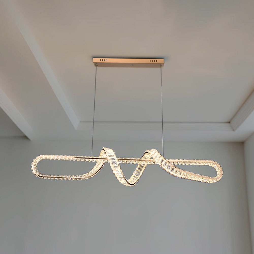Qulik modern crystal LED chandelier with intertwined wave design, French Gold finish and rectangular ceiling mount, model QL-D8927-1000-FGD.