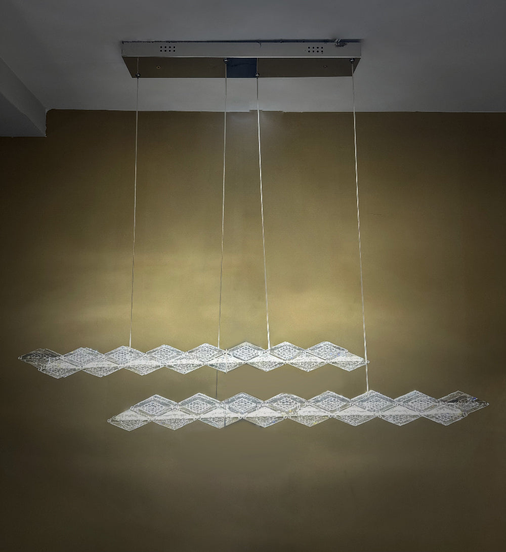 Qulik 2-layer LED ceiling light with suspended geometric crystal-style panels and linear design, model QL-231215-L1000.