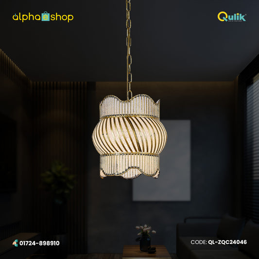 Qulik modern chandelier hanging light with ribbed glass shade, gold-tone frame and chain suspension.