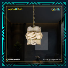 Qulik modern chandelier hanging light with ribbed glass shade, gold-tone frame and decorative chain suspension.