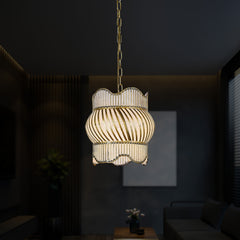Qulik modern chandelier hanging light with ribbed glass shade, gold-tone frame and decorative chain suspension.