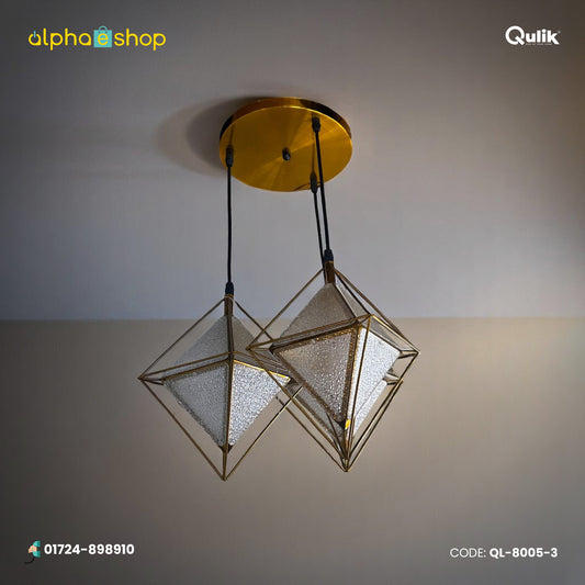 Qulik modern diamond frame hanging light with 3 geometric pendants, gold finish and textured glass panels.