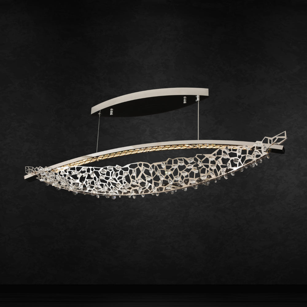 Qulik K9 Egyptian crystal linear hanging lamp with geometric crystal lattice, chrome finish and warm LED illumination.