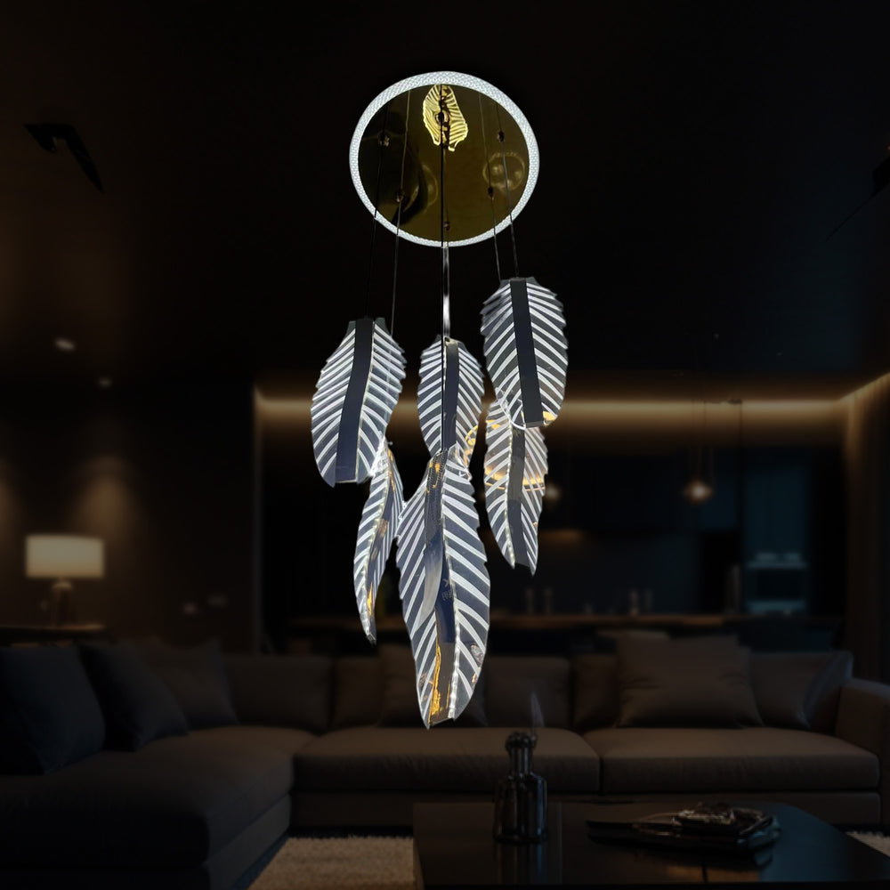 Qulik Modern Leaf Crystal hanging light with illuminated leaf-shaped pendants and round ceiling canopy, model QL-197.