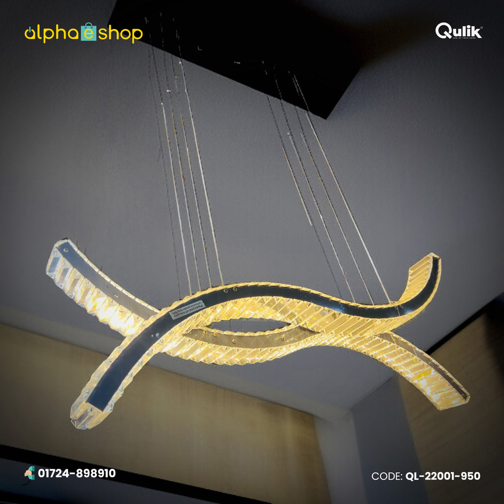 Qulik Modern LumaWave 3 Color LED hanging light with sculptural wave design and crystal-style illuminated edges, model QL-22001-950.