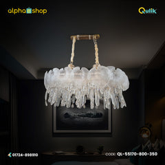 Qulik luxury chandelier with clear crystal shades, cascading crystal drops and adjustable hanging length, model QL-55107-800-350.