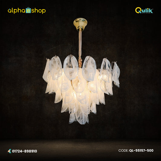 Qulik 5-layer luxury leaf chandelier with clear glass leaves, warm illumination and adjustable hanging length, model QL-55157-500.