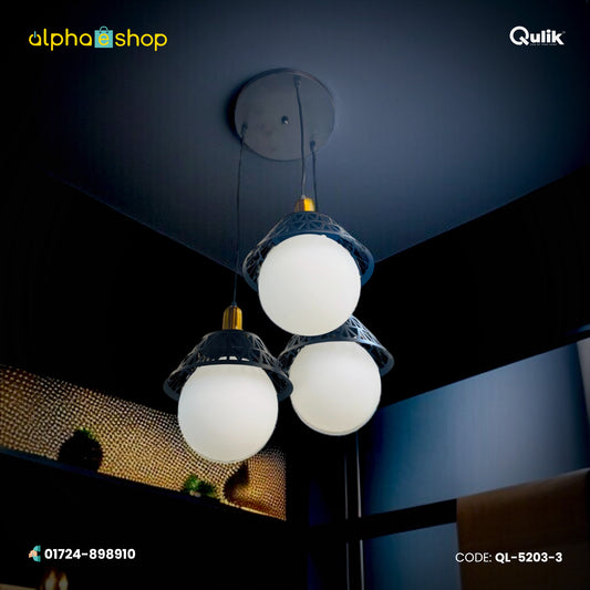 Qulik Modern Moon Ball 3-light hanging light with white globe shades, black lattice accents and 3 color lighting, model QL-5203-3.
