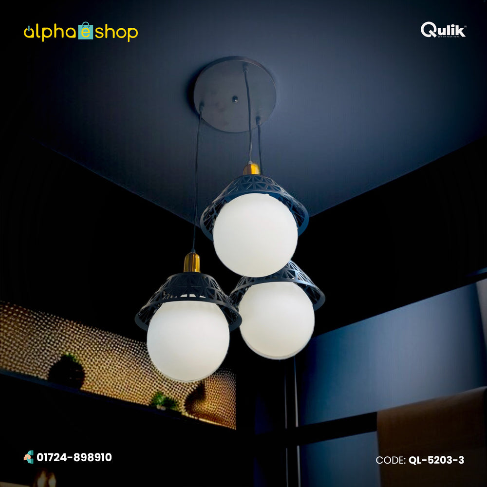 Qulik Modern Moon Ball 3-light hanging light with white globe shades, black lattice accents and 3 color lighting, model QL-5203-3.