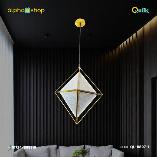 Qulik Modern Nova Gem 3 Color hanging light with gold geometric frame and textured acrylic panels, model QL-8807-1.