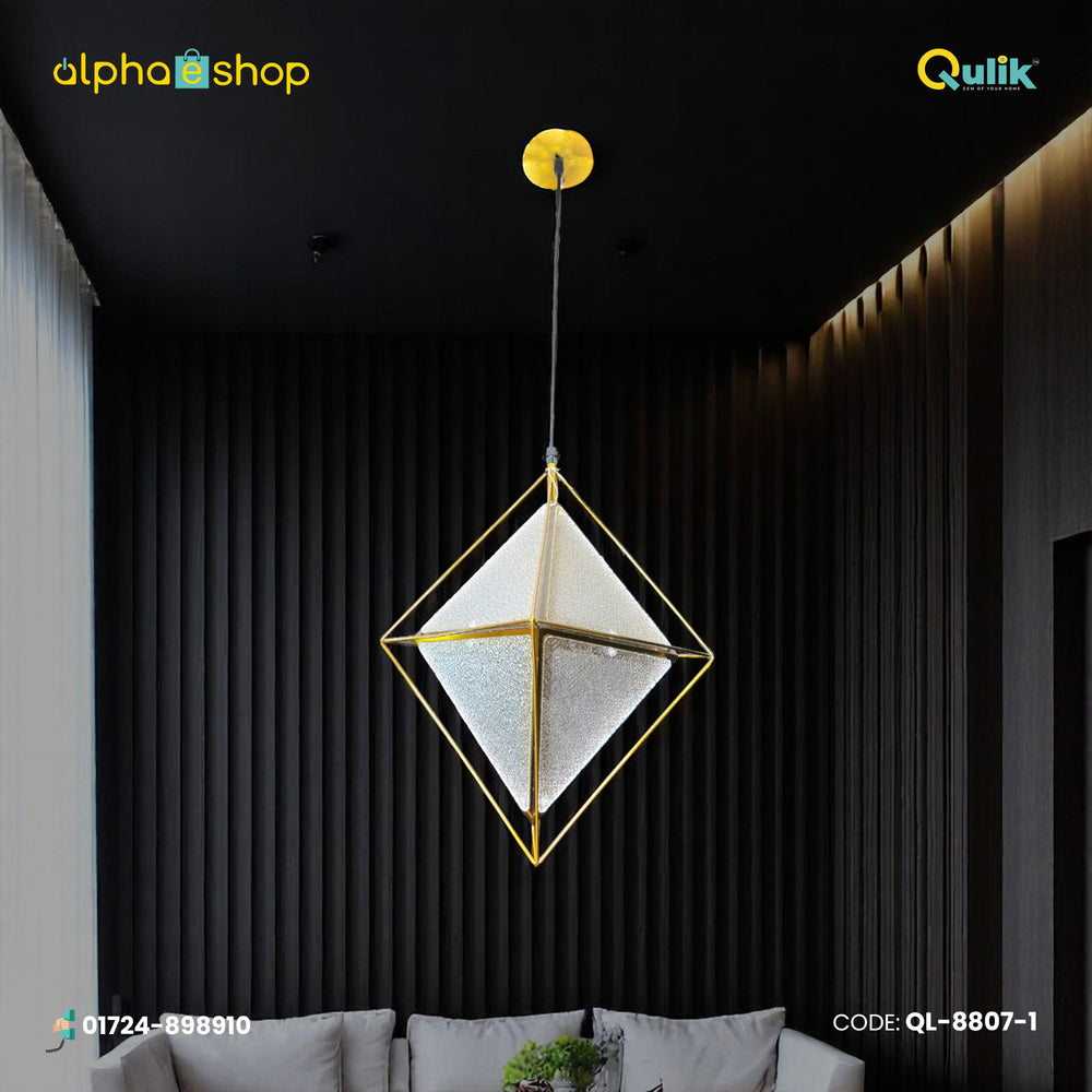 Qulik Modern Nova Gem 3 Color hanging light with gold geometric frame and textured acrylic panels, model QL-8807-1.