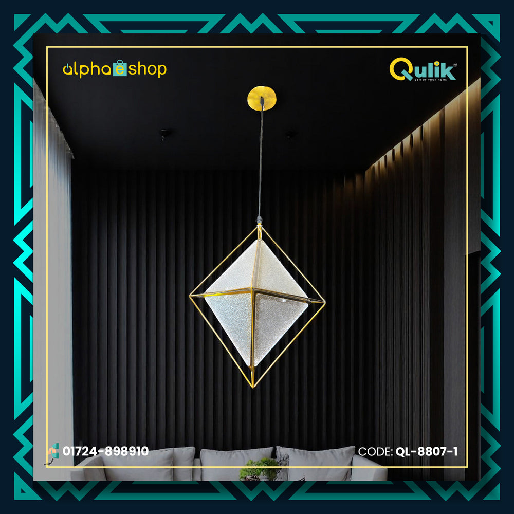 Qulik Modern Nova Gem 3 Color hanging light with gold geometric frame and textured acrylic panels, model QL-8807-1.