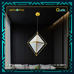Qulik Modern Nova Gem 3 Color hanging light with gold geometric frame and textured acrylic panels, model QL-8807-1.