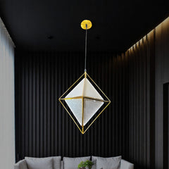 Qulik Modern Nova Gem 3 Color hanging light with gold geometric frame and textured acrylic panels, model QL-8807-1.