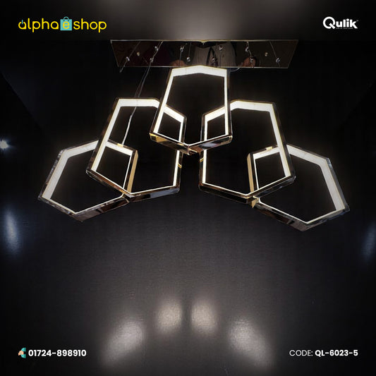 Qulik Nova Pentas 5-light LED hanging light with geometric pentagon frames and gold-black finish, model QL-6023-5.
