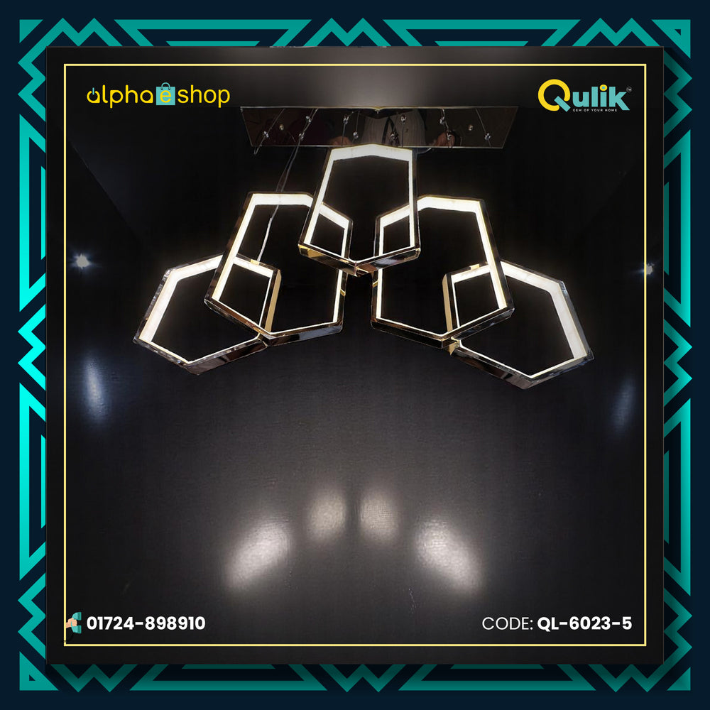 Qulik Nova Pentas 5-light LED hanging light with geometric pentagon frames and gold-black finish, model QL-6023-5.