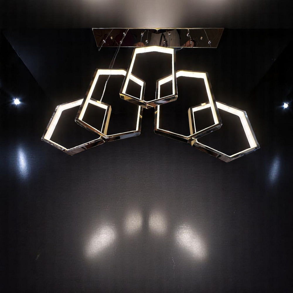 Qulik Nova Pentas 5-light LED hanging light with illuminated geometric pentagon frames and gold-black finish, model QL-6023-5.