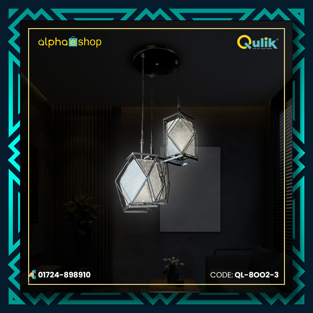 Qulik Modern Prism Glow 3-light pendant with geometric metal frames and textured glass shades, model QL-8002-3.