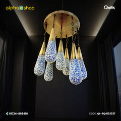 Qulik Modern Radiant Charm 3 Color hanging light with multiple blue-white mosaic shades and gold ceiling mount, model QL-ZQ4132337.