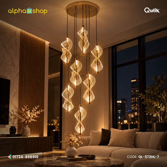 Qulik modern 7-light spiral hanging light with warm LED glow and gold-toned frame.