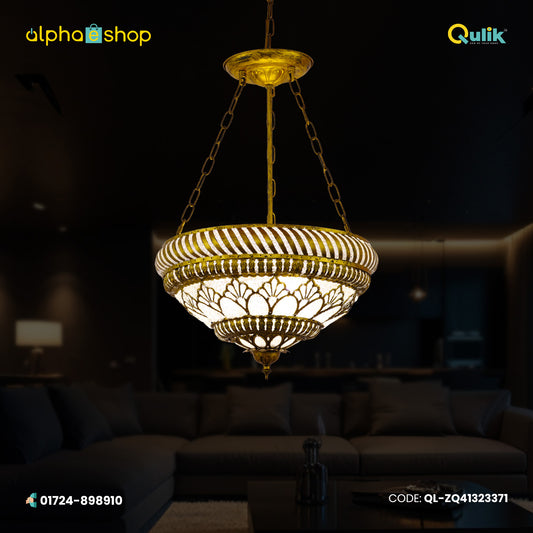 Qulik traditional chandelier hanging light with ornate gold-tone metalwork and decorative glass shade.